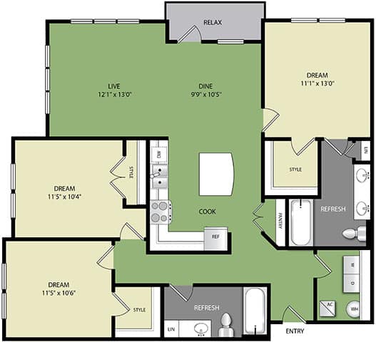 A floor plan of a house with labeled rooms such as RELAX, DINE, and STYLE.