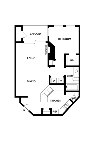 A floor plan of a house with a balcony, living room, dining room, kitchen, bathroom, and bedroom.
