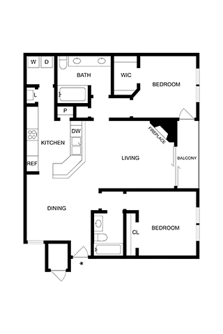 A black and white floor plan of a house with a living room, dining room, kitchen, two bedrooms, a bathroom, and a balcony.