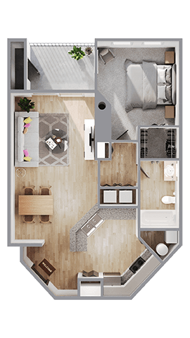 A top-down view of a small apartment layout with a kitchen, living room, and bedroom.