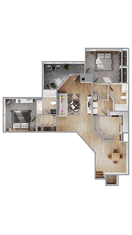 A floor plan of a house with a kitchen, living room, and two bedrooms.