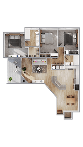 A floor plan of a house with a kitchen, living room, and two bedrooms.