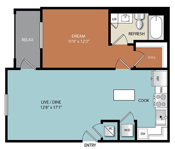 A floor plan of a room with a living area, dining area, and kitchen.
