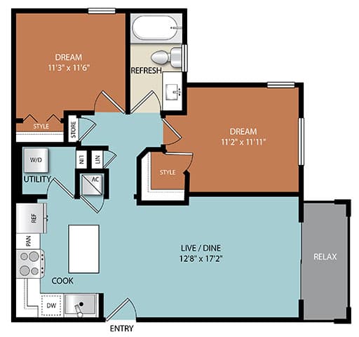 A floor plan of a house with labeled rooms such as "DREAM", "REFRESH", "STORE", "RELAX", and "ENTRY".
