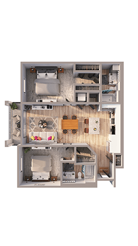 Floor Plan  A top down view of a dollhouse interior with a kitchen, living room, and bedrooms.