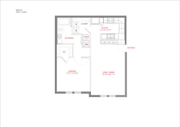 A floor plan of a one bedroom apartment with a living room, kitchen, bathroom and laundry.