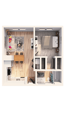 A top-down view of a small apartment with a kitchen, living room, and bathroom.