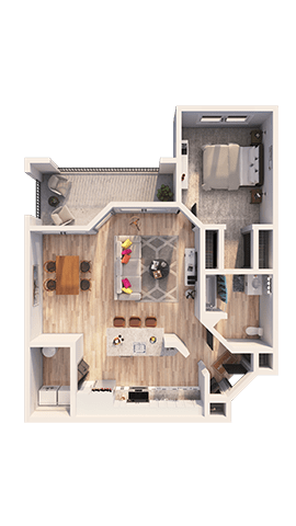 A top-down view of a house layout with a living room, kitchen, and two bedrooms.