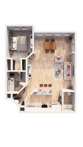A floor plan of a small apartment with a kitchen, living room, and bathroom.