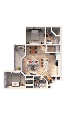 A floor plan of a house with a living room, kitchen, and two bedrooms.