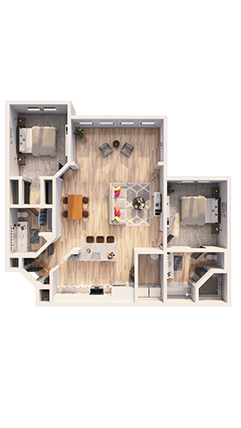A floor plan of a house with a kitchen, living room, and two bedrooms.