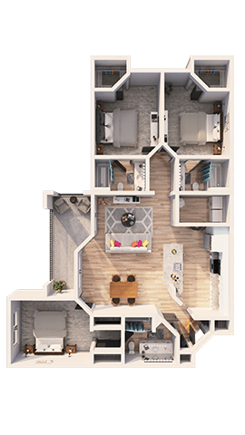 A detailed 3D floor plan of a multi-level apartment.