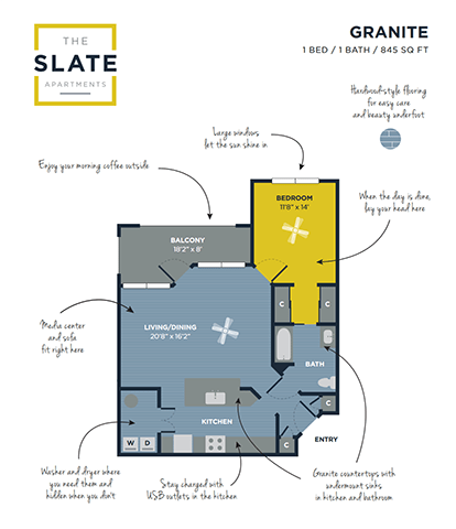 A floor plan for a 1 bedroom/1 bathroom apartment at The Slate Apartments.