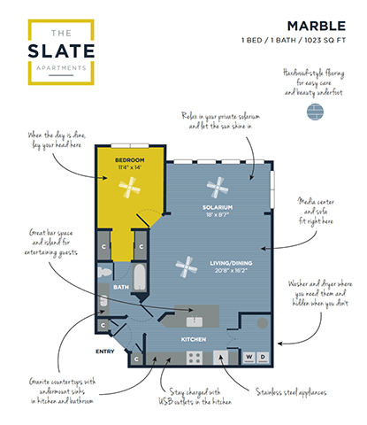 A floor plan for a 1 bedroom, 1 bathroom apartment at The Slate Apartments.