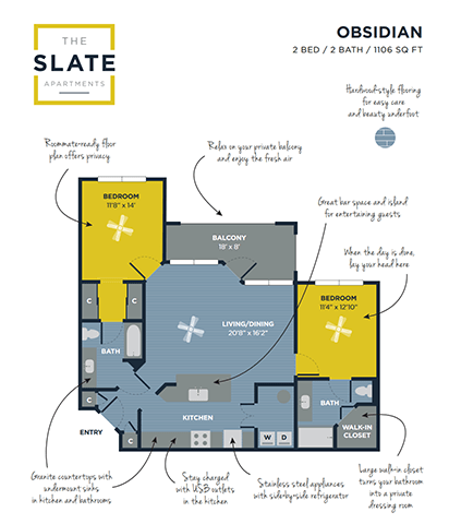 A floor plan for a 2 bedroom, 2 bathroom apartment sized at 106 square feet.