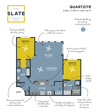 A floor plan for a 2 bedroom, 2 bathroom apartment sized 1284 square feet.