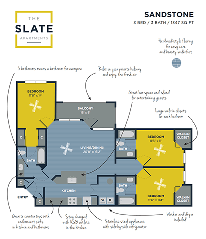 A floor plan for a 3 bedroom, 3 bathroom apartment at The Slate Apartments.