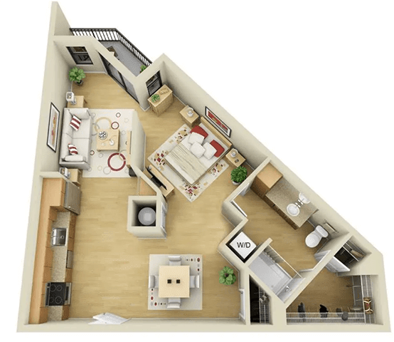 A 3D floor plan of a house with a living room, kitchen, and two bedrooms.