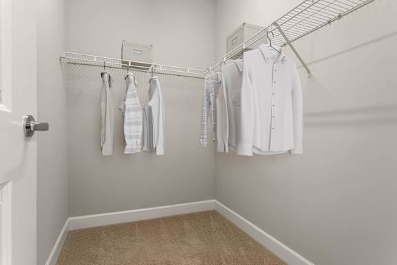 A white closet with clothes hanging on a wire rack.