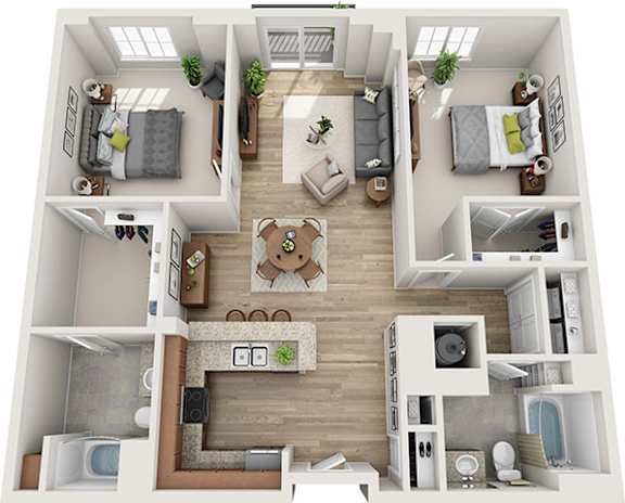 A top-down view of a house interior with a living room, kitchen, and bedrooms.