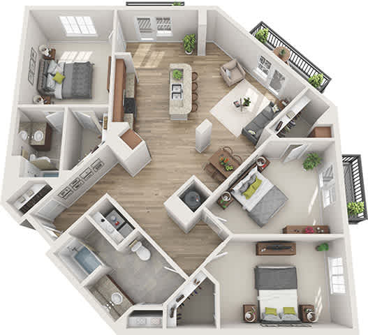 A 3D floor plan of a house with multiple rooms and furniture.