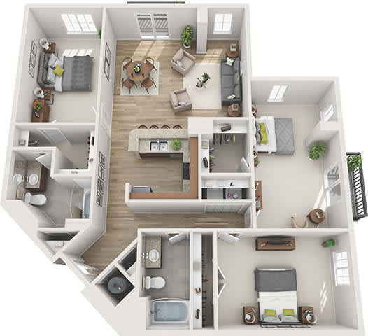 A 3D floor plan of a house with multiple rooms and furniture.