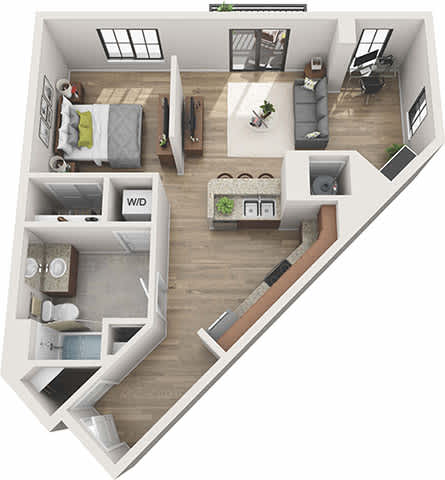 A 3D floor plan of a small apartment with a bedroom, living room, kitchen, and bathroom.