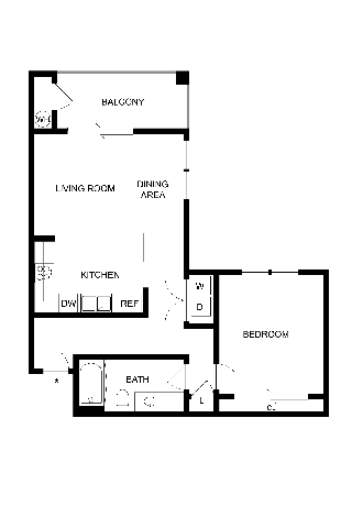 A floor plan of a house with a living room, dining area, kitchen, bedroom and bathroom.