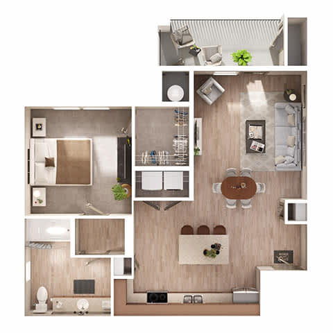 A top-down view of a modern apartment layout with a kitchen, living room, and bathroom.