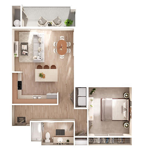 A floor plan of a small apartment with a kitchen, living room, and bathroom.