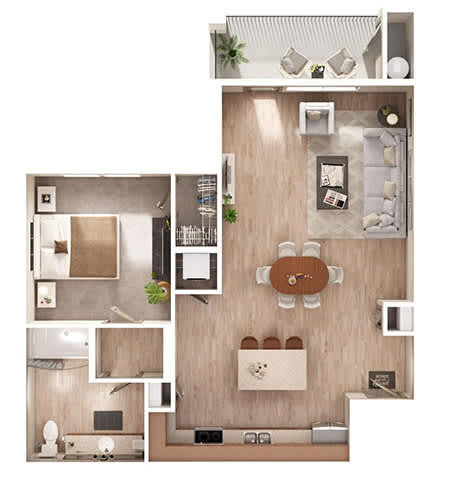 A floor plan of a small apartment with a kitchen, living room, and bathroom.