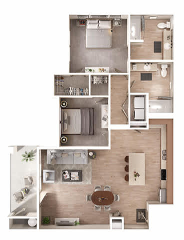 A top-down view of a house layout with a kitchen, living room, and bedrooms.
