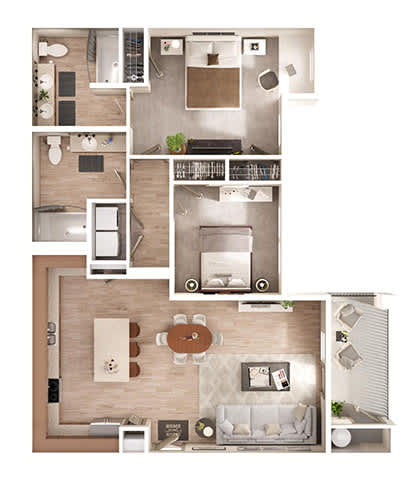 A top-down view of a house layout with a living room, kitchen, and bedrooms.
