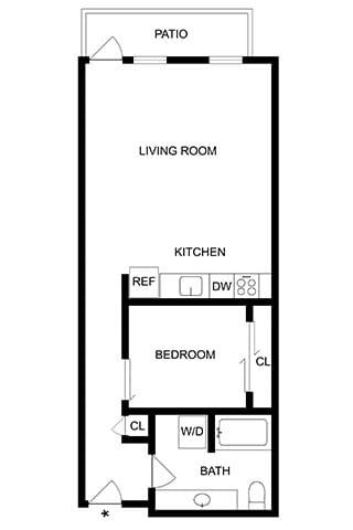 A floor plan of a home with a living room, kitchen, bedroom, and bathroom.