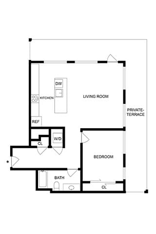 A floor plan of a house with a living room, bedroom, bathroom, kitchen, and private terrace.