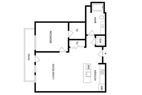 A floor plan of a house with a living room, bedroom, kitchen, and bathroom.
