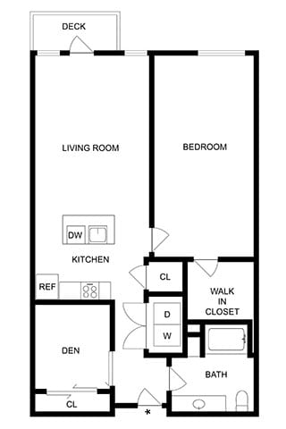 A black and white floor plan of a house with a deck, living room, bedroom, kitchen, and bathroom.