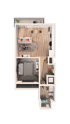 A floor plan of a small apartment with a kitchen, living room, and two bedrooms.