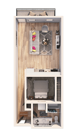A dollhouse living room with a couch and a coffee table.