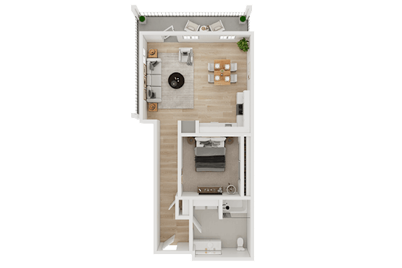 A top-down view of a house floor plan with a living room, dining area, kitchen, and two bedrooms.