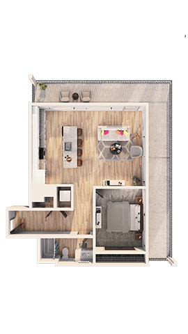 A floor plan of a small apartment with a kitchen, living room, and bathroom.