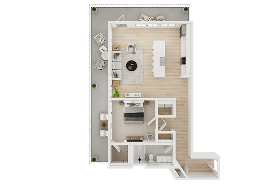 A floor plan of a house with a kitchen, living room, and two bedrooms.
