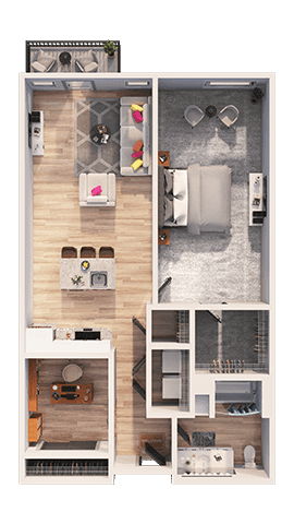 A floor plan of a small apartment with a kitchen, living room, and bathroom.