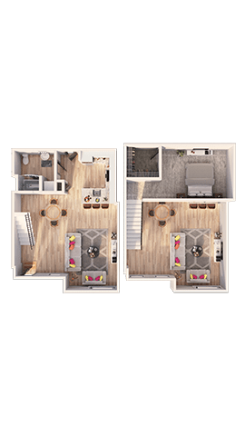 A floor plan of a two-bedroom apartment with a living room, kitchen, and bathroom.