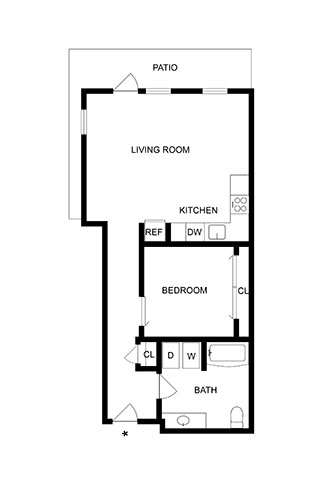 A floor plan of a house with a living room, kitchen, bedroom, and bathroom.