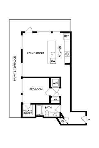 A floor plan of a home with a living room, kitchen, bedroom, and bathroom.