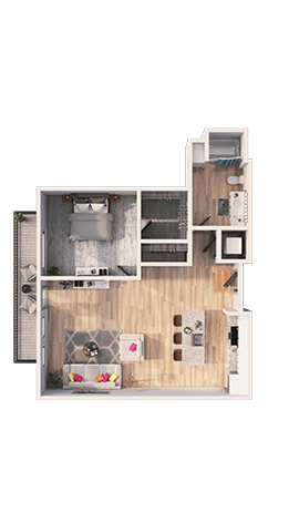 A floor plan of a small apartment with a kitchen, living room, and bathroom.