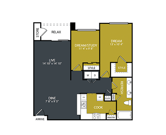A floor plan of a house with a living room, two bedrooms, a bathroom, a kitchen, and a dining room.