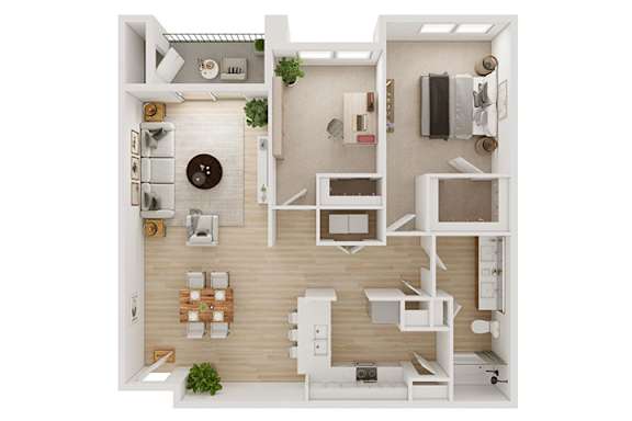 A white and wood floor plan of a small apartment with a kitchen, living room, and bathroom.