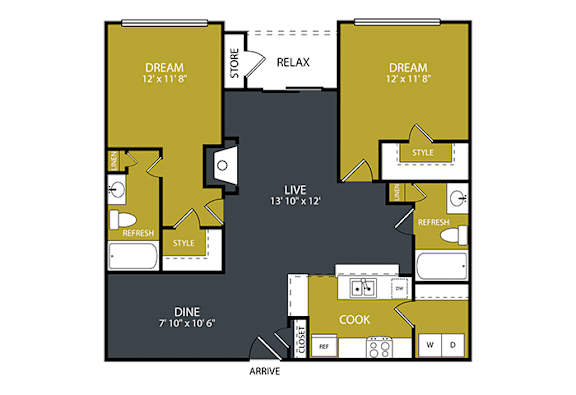 A floor plan of a house with two bedrooms, a living room, a dining room, a kitchen, a bathroom, and a store.